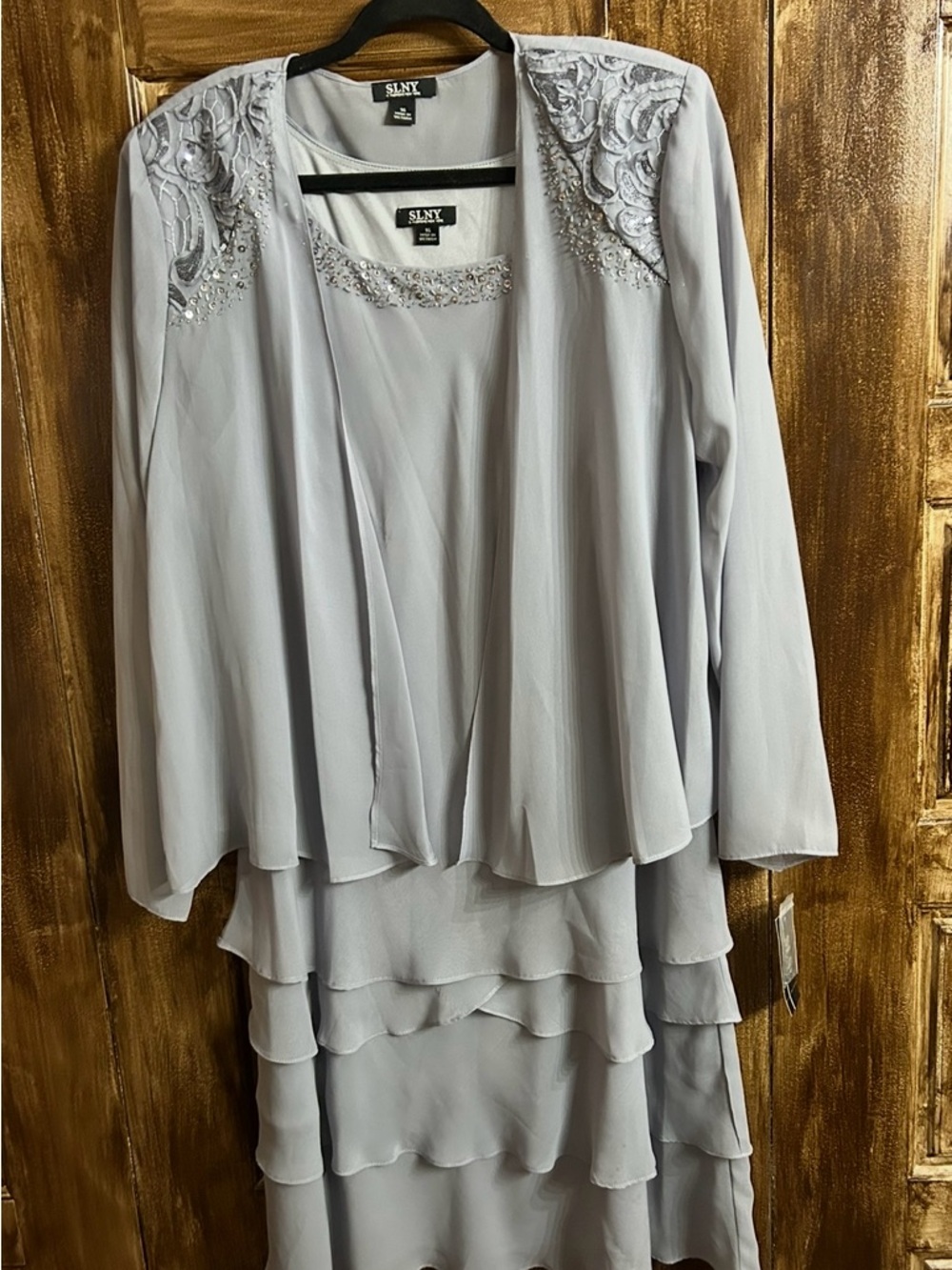 SLNY Silver-Embellished Light Gray Chiffon Top & Jacket